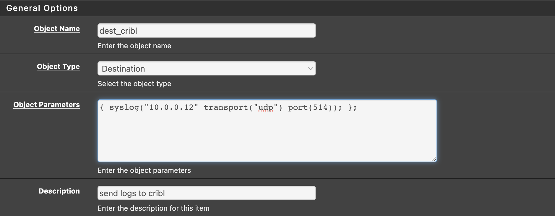 syslog-ng destination object